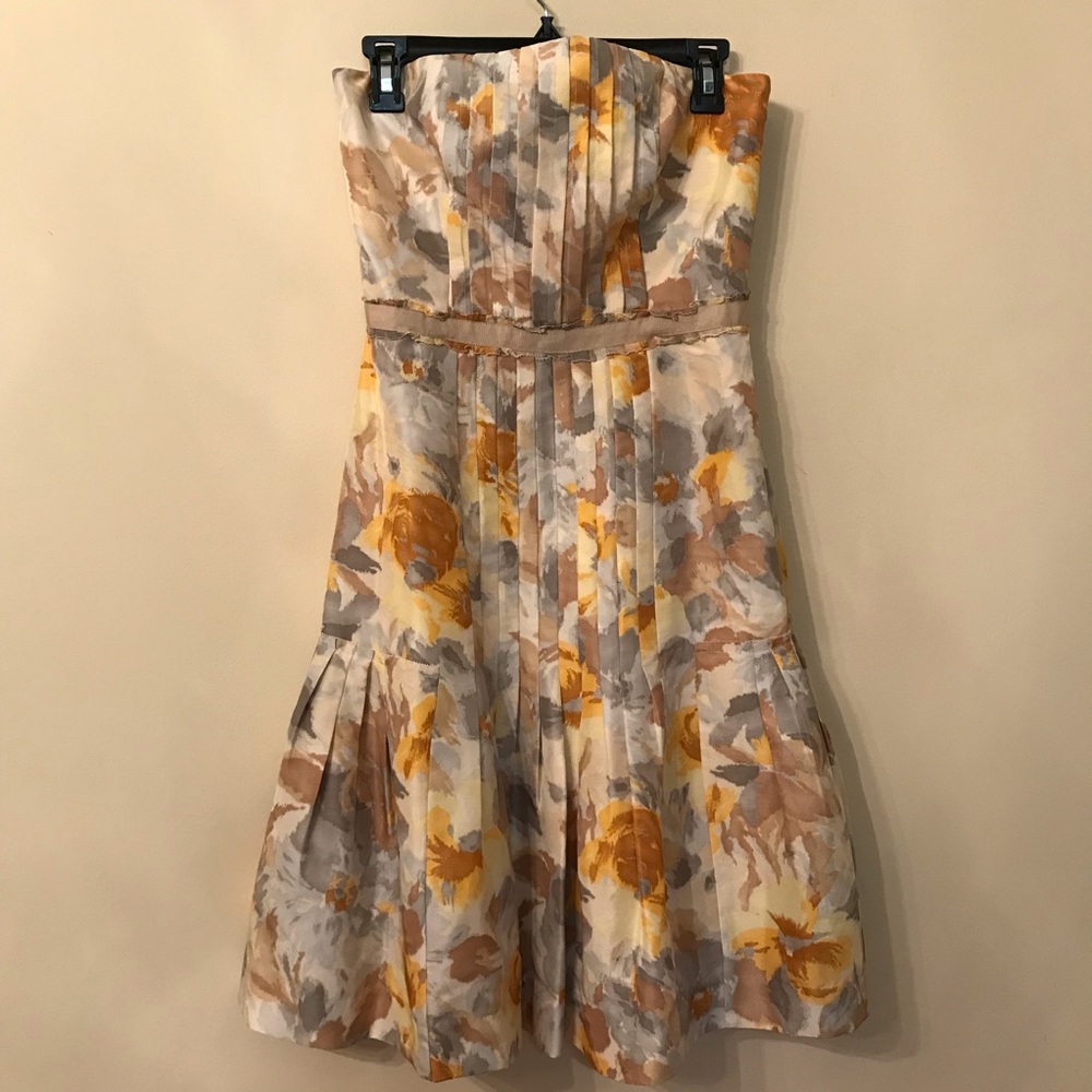 Rebecca Taylor Strapless Floral Dress in Yellow, Tan, Gray, Cream